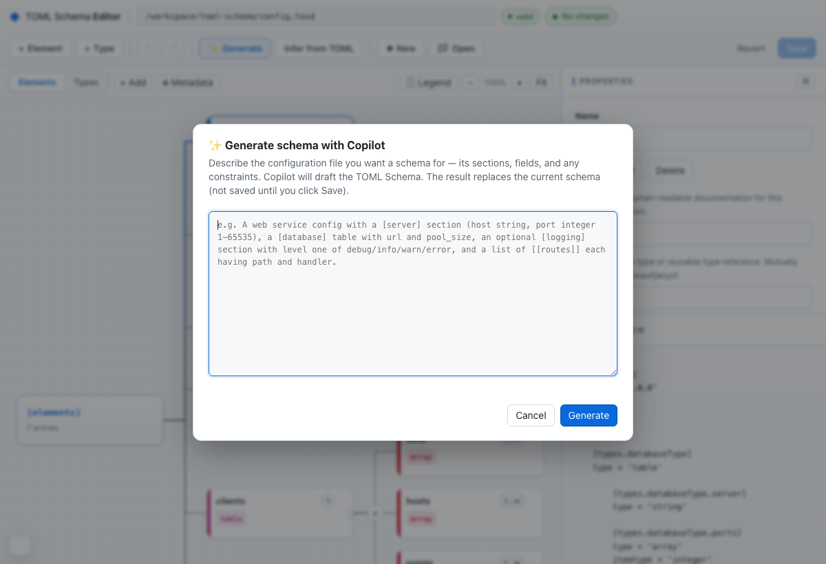 Generate schema with Copilot dialog asking for a description of the configuration file